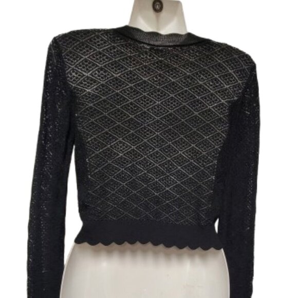 Black Lace Crop Top Black See Through Long Sleeve Blouse - Picture 3 of 11